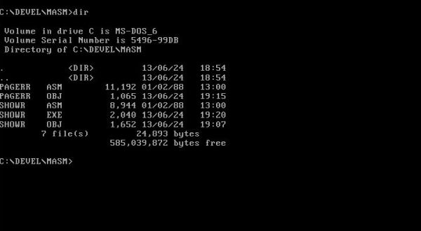 XPL0 on MS-DOS 6.22: Testing MASM - Files created by assembly and linkage of the demo program SHOWR