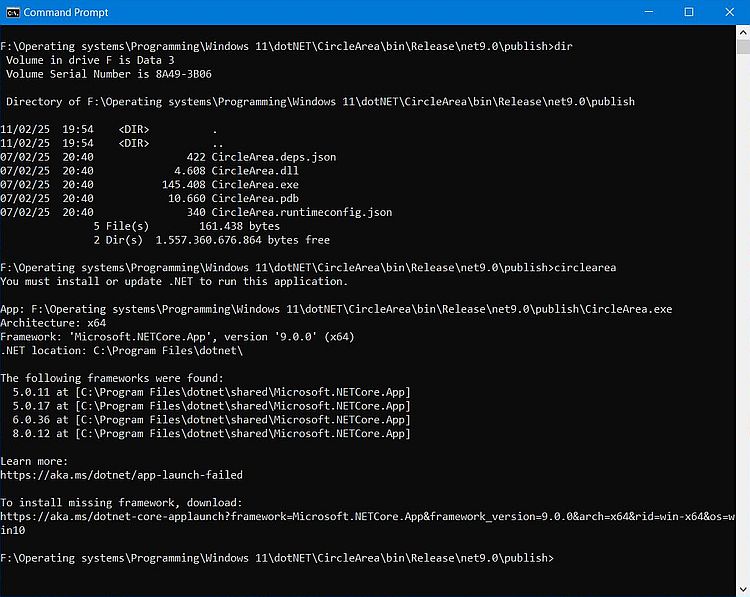 .NET development on Windows 11: Trying to run a F# Console application on Windows 10 (.NET 9.0 not installed)