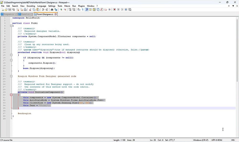 .NET development on Windows 11: Content of the file 'Form1.Designer.cs' of a C# WinForms application skeleton