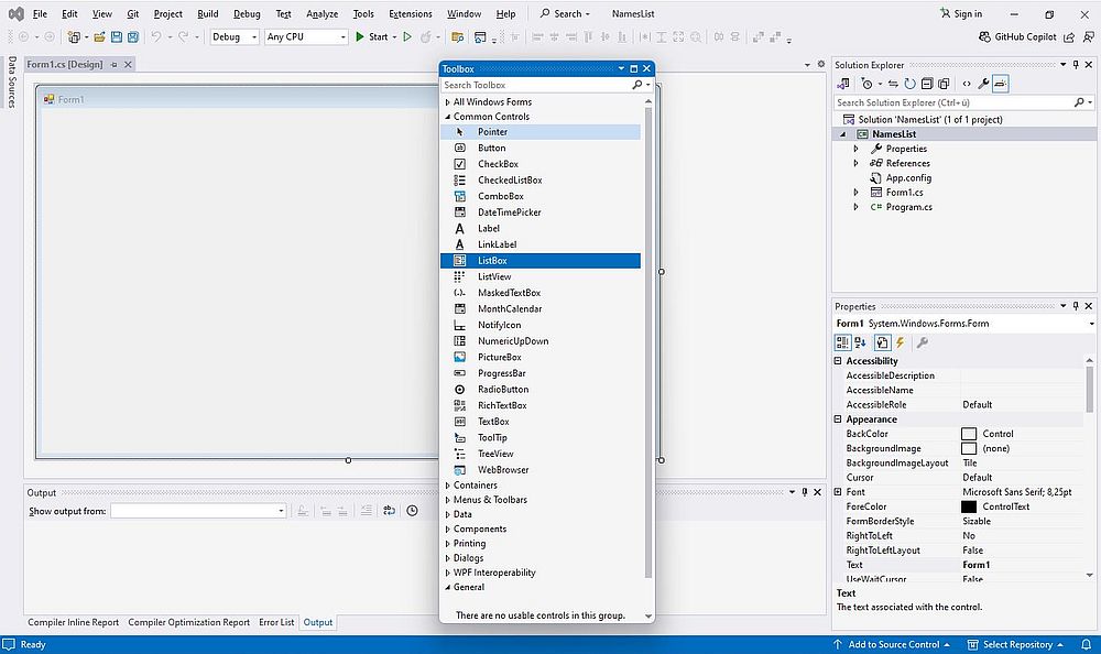 .NET development on Windows 11: Visual Studio - Using the Toolbox visual components to create the form layout