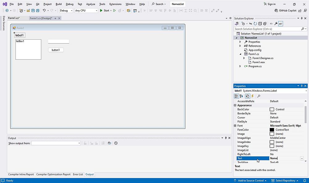 .NET development on Windows 11: WinForms C# project in Visual Studio - Form components and their properties