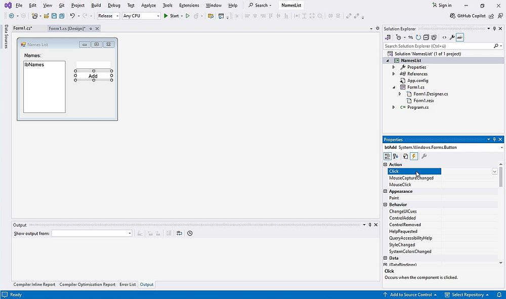 .NET development on Windows 11: WinForms C# project in Visual Studio - Associating a button with a 'Click' event