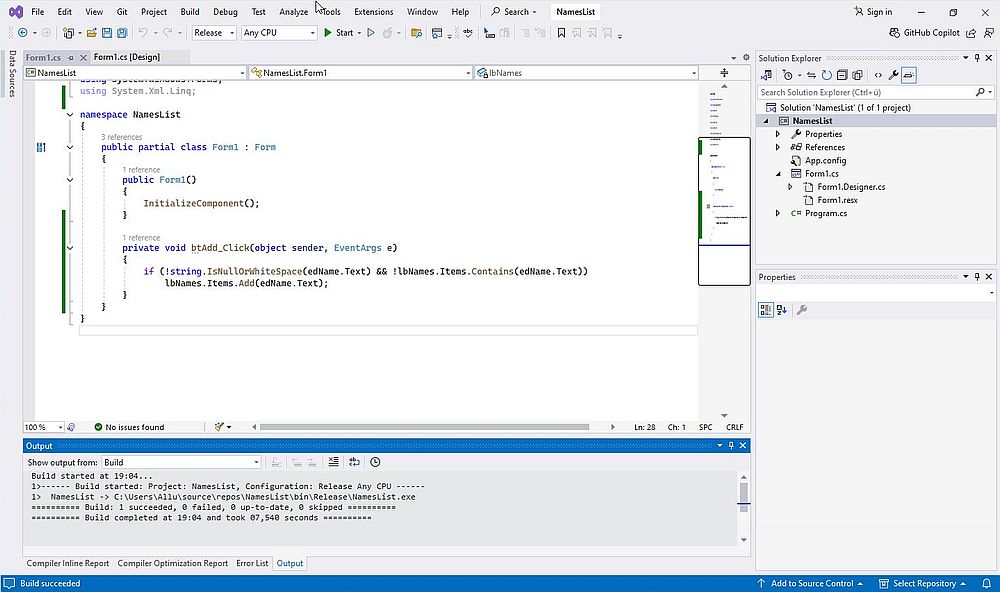 .NET development on Windows 11: WinForms C# project in Visual Studio - Building the solution