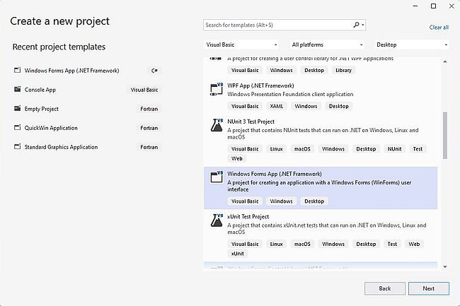 .NET development on Windows 11: Visual Studio - Creating a WinForms VB.NET project