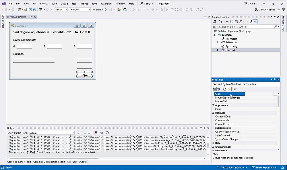 .NET development on Windows 11: WinForms VB.NET project in Visual Studio - Associating a button with a 'Click' event