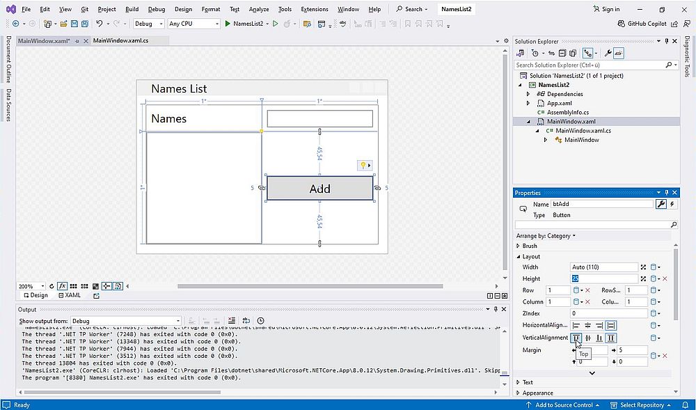 .NET development on Windows 11: WPF C# project in Visual Studio - Height and alignment of a 'Button' control