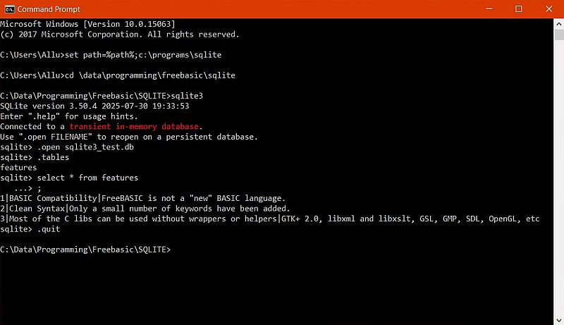 SQLite database access using the command line client sqlite3.exe