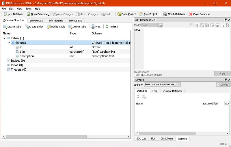 FreeBASIC included database 'sqlite3_test.db' opened in 'DB Browser for SQLite'
