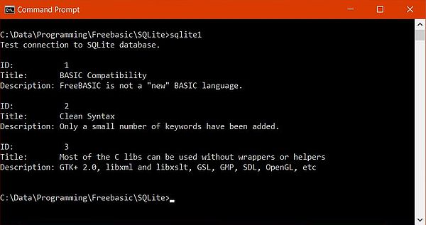 FreeBASIC program sample: Data SELECT from a SQLite database