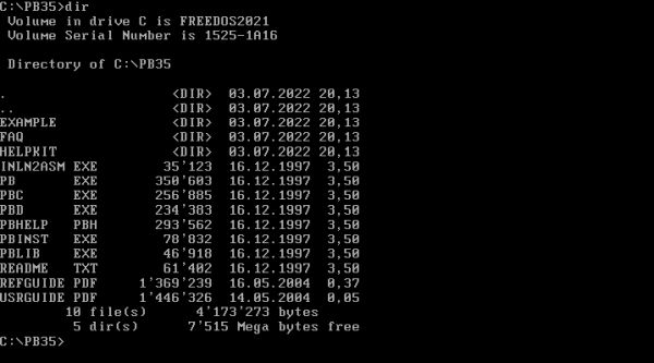 PowerBASIC on FreeDOS: Content of the installation directory