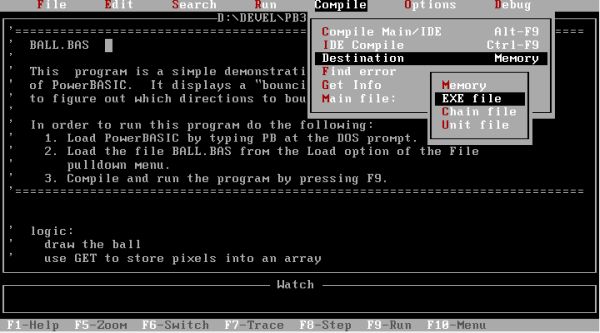 PowerBASIC on FreeDOS: Building a program in PB IDE - Compiling with destination = EXE file