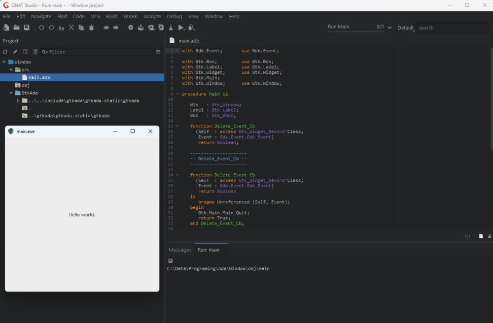 AdaCore GNAT Community Edition on Windows 11 - GNAT Studio: Running a GtkAda application