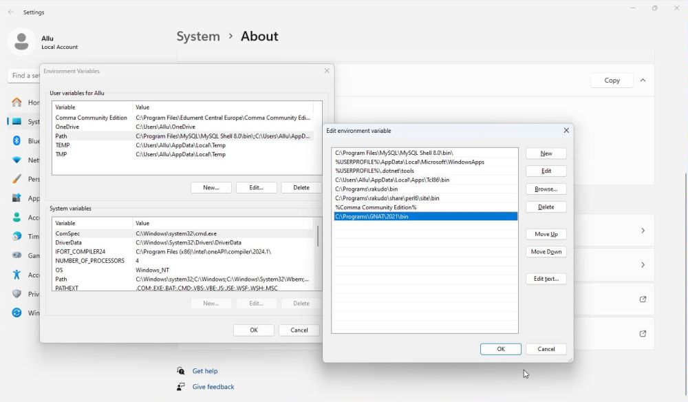 AdaCore GNAT Community Edition on Windows 11 - Installation: Adapting the PATH environment variable