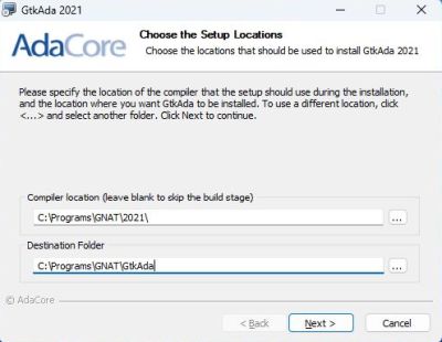 AdaCore GNAT Community Edition on Windows 11 - Installation of GtkAda: GNAT and GtkAda installation directories