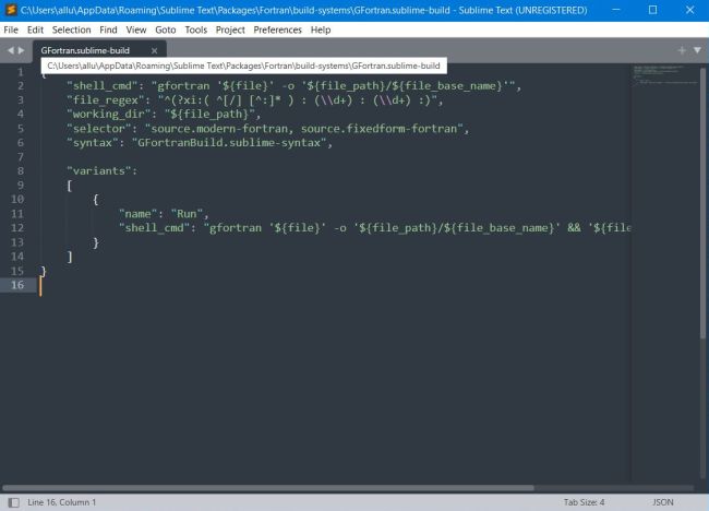 MSYS2 on Windows 10: Sublime Text - JSON code of the GFortran build-system file