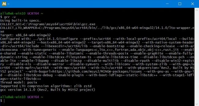 MSYS2 on Windows 10: Checking the version of GCC