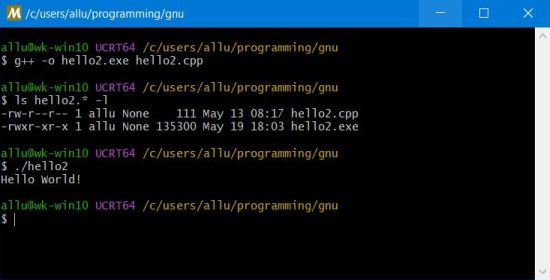 MSYS2 on Windows 10: Building and executing a simple C++ program