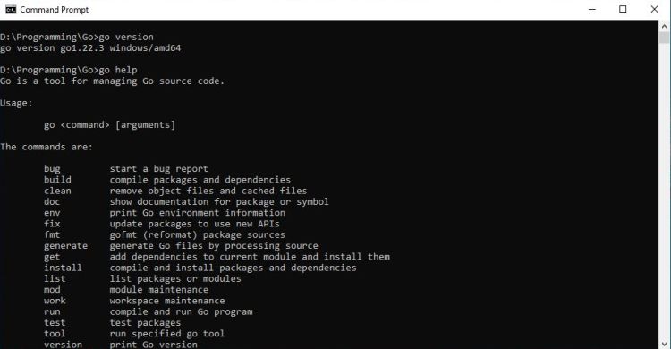Go on Windows 10 - Displaying the Go version and commands help