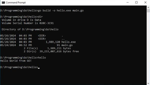 Go on Windows 10 - Building and exeuting a simple 'Hello World' program in Command Prompt