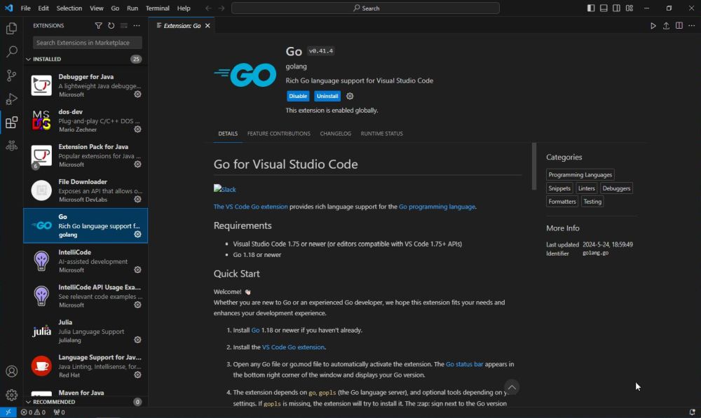 Go on Windows 10 - VSCode: Description of the VS Code Go extension