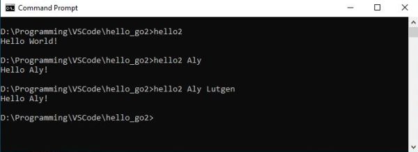 Go on Windows 10 - Executing of some simple 'Hello User' program in Command Prompt