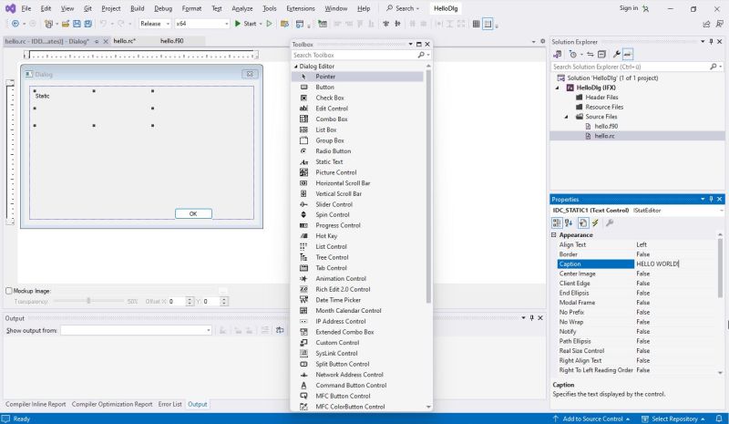 Intel Fortran on Windows 11 - Creating a dialog application: The toolbox of the Dialog Editor