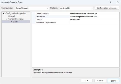 Intel Fortran on Windows 11 - Creating a dialog application: Setting the resource include file's properties