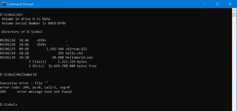 Micro Focus Visual Cobol Windows 11 - Failure to run a COBOL program on a Windows 10 computer (trial license limitation)