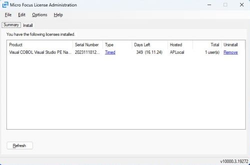 Micro Focus Visual Cobol Windows 11 - License Manager showing the 1-year trial license