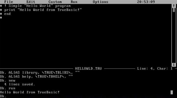 True BASIC on MS-DOS: Running a simple 'Hello World' program