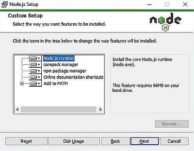 Node.js on Windows 10: Setup - Selecting the components to be installed