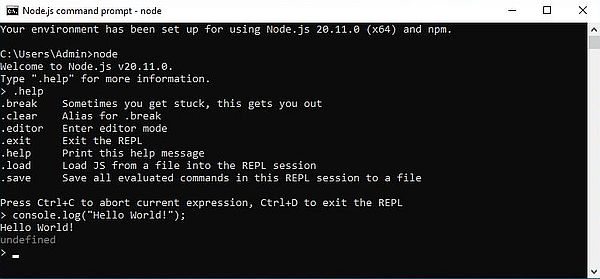 Node.js on Windows 10: 'Hello World' executed in the Node.js REPL