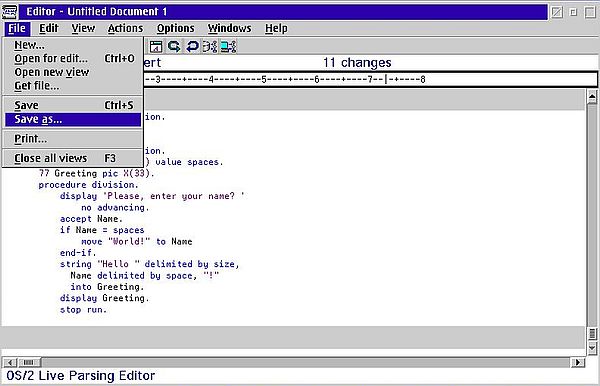 VisualAge for COBOL on OS/2: Building command line programs - Saving the source file in COBOL Editor [1]