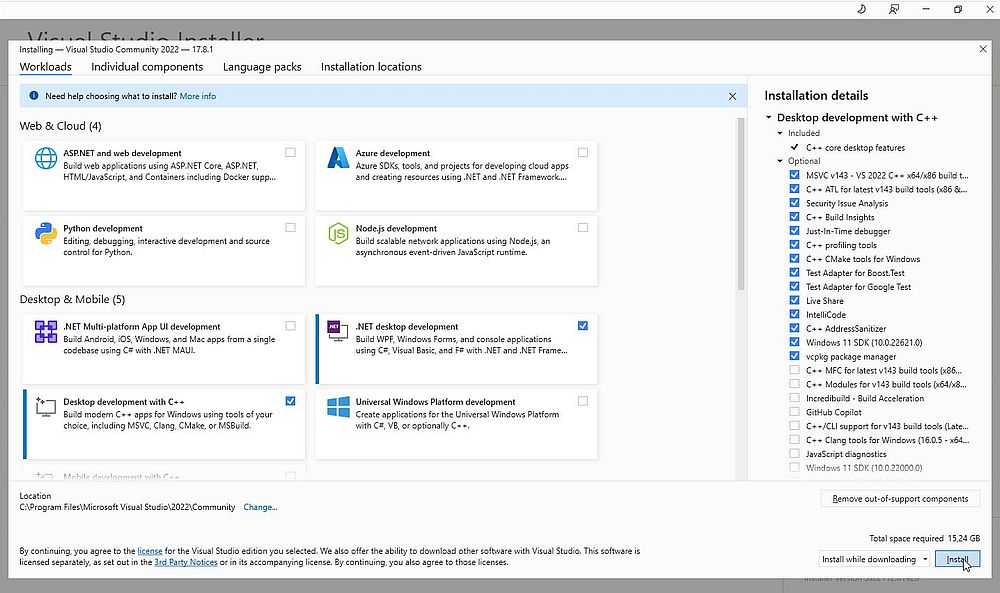 Visual Studio 2022 on Windows 11 - Visual Studio Installer: Workloads selection