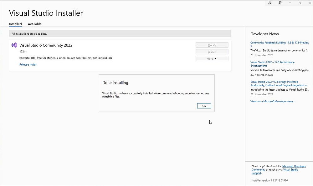 Visual Studio 2022 on Windows 11 - Visual Studio Installer: Installation successfully terminated