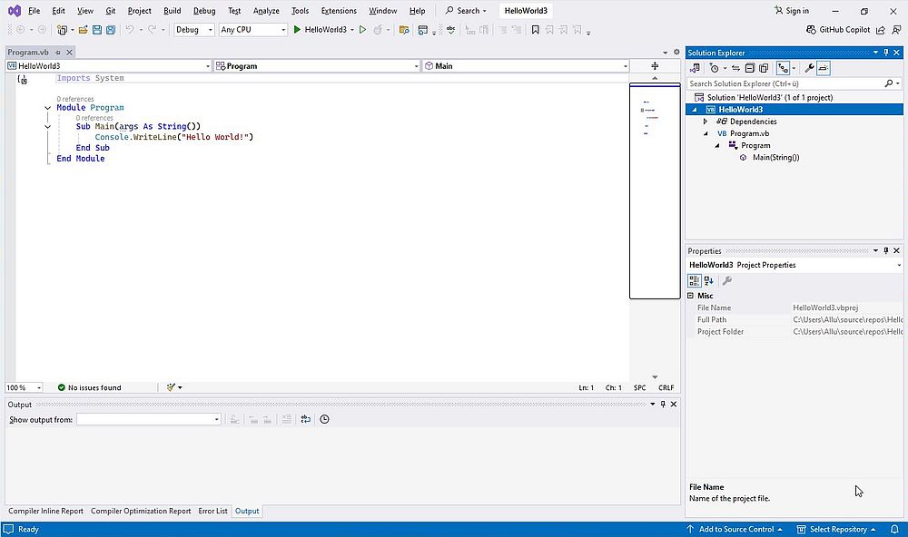 Visual Studio 2022 on Windows 11 - Simple VB project: Project template created by Visual Studio