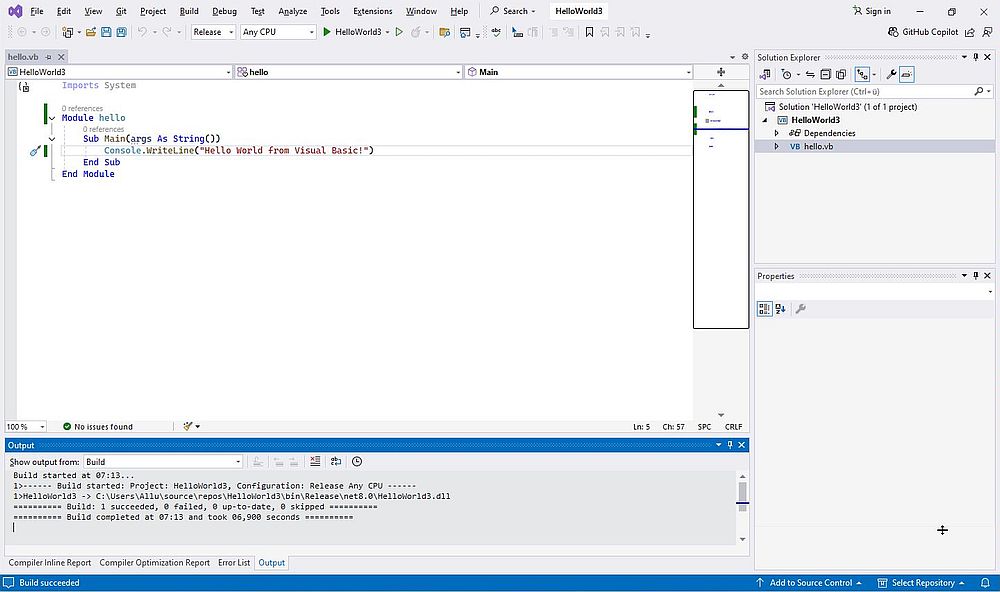 Visual Studio 2022 on Windows 11 - Simple VB project: Successful build in Visual Studio