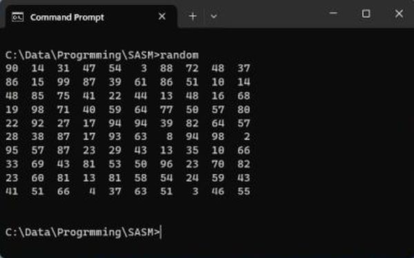 Windows x64 assembly examples: Random number series