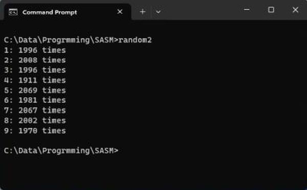 Windows x64 assembly examples: Random number distribution