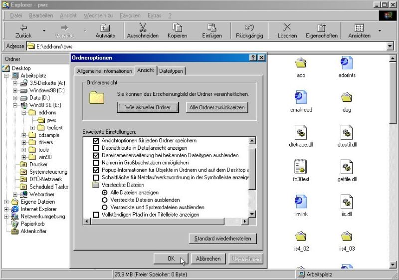 Microsoft PWS on Windows 98: Making the hidden files in the installation folder visible in order to copy them