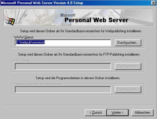 Microsoft PWS on Windows 98: Installation - Choosing the standard base directory for web publishing
