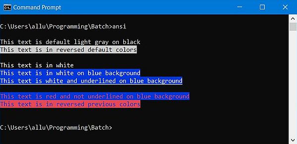 ANSI escape sequences on Windows: Colored text output from a batch file (Command Prompt, Windows 10)