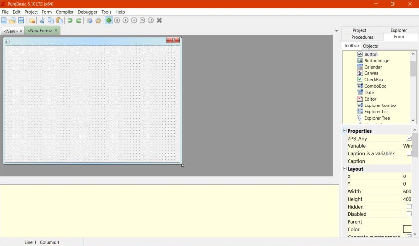 PureBasic on Windows 10 - IDE with integrated form designer