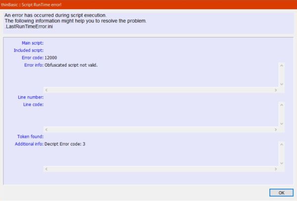 thinBasic on Windows 10 - Bundled executable abortion with runtime error 'Obfuscated script not valid'