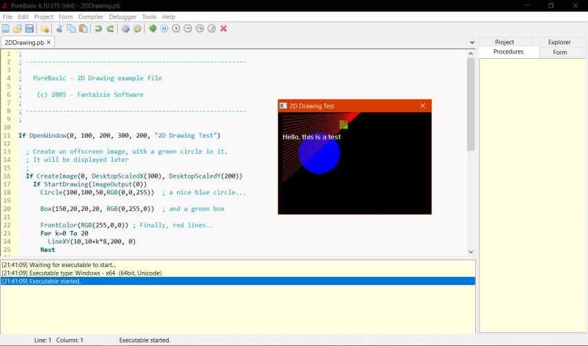 PureBasic on Windows 10 - Simple 2D drawing application sample