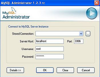 MySQL on Windows XP: MySQL Administrator - Login screen