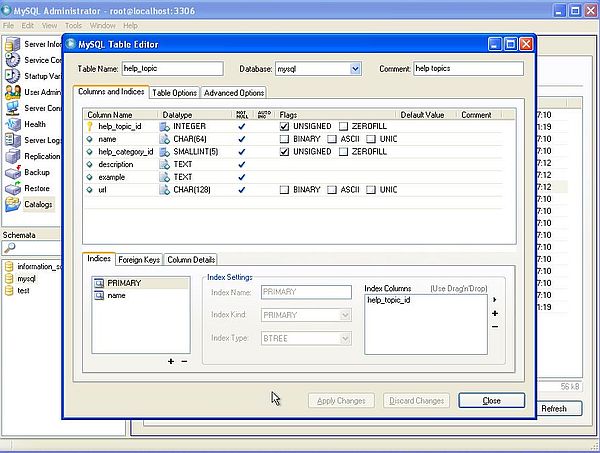 MySQL on Windows XP: MySQL Administrator - Table structure and indices