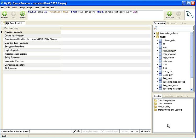 MySQL on Windows XP: MySQL Query Browser - Running a SELECT query