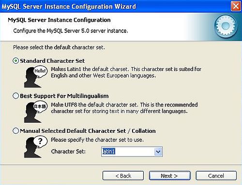 MySQL on Windows XP: Configuration - Default character set selection