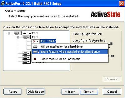 Perl on Windows XP: Installing ActivePerl - Choosing to install Perl ISAPI